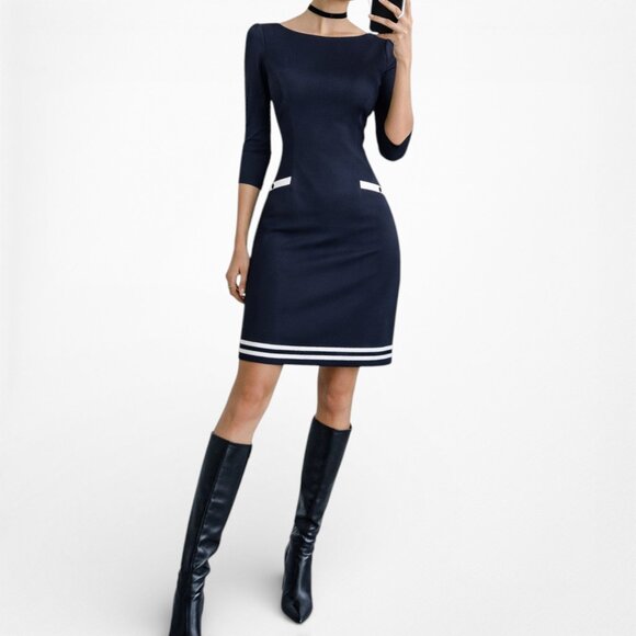 Vintage Y2K Blue 3/4 Sleeve Knit Mini Fitted Bodycon Cocktail Dress Size 2P/M - Picture 3 of 7